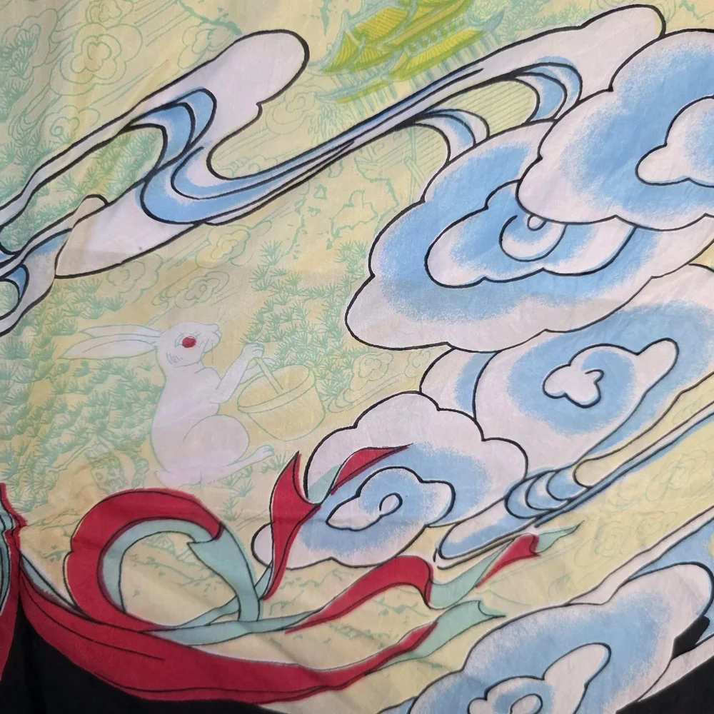 Vintage Silk Asian Scarf Goddess Of The Moon Joga Red and Blue Accents 100% Silk